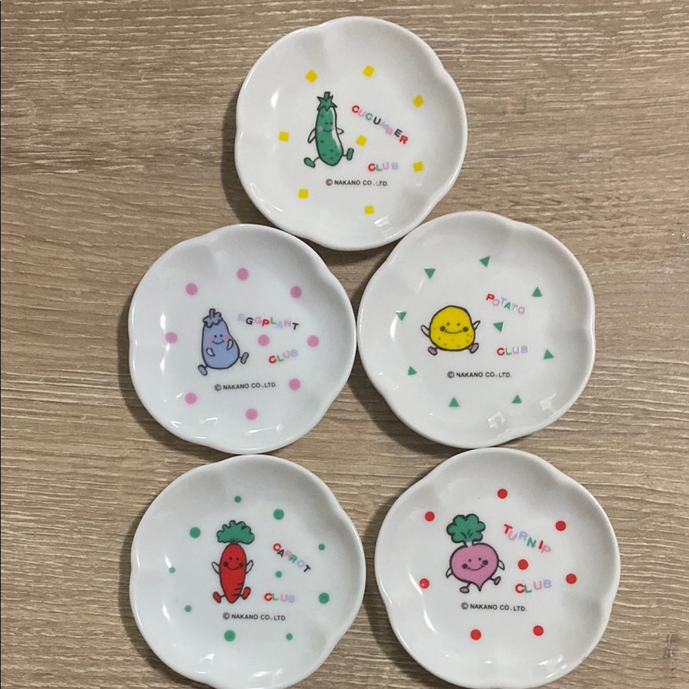 Vintage Set of 5 Nakano Vegetable Characters Soy Sauce Small Plates / Dishes